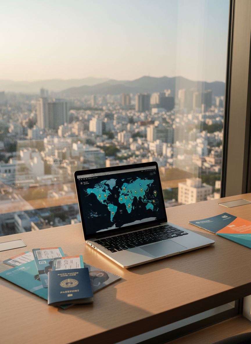 A modern study desk positioned beside a large panoramic window overlooking a distant skyline and faint silhouettes of mountains, suggesting an overseas city. On the desk, a slim laptop displays a detailed interactive world map with highlighted study destinations, surrounded by neatly arranged boarding passes, a passport, and color-coded program brochures. Late afternoon natural light pours through the glass, creating warm highlights on the metallic laptop body and soft shadows across the smooth wooden surface. Photographic realism with a slightly elevated angle and balanced composition evokes a focused, professional atmosphere of carefully planned international learning journeys.