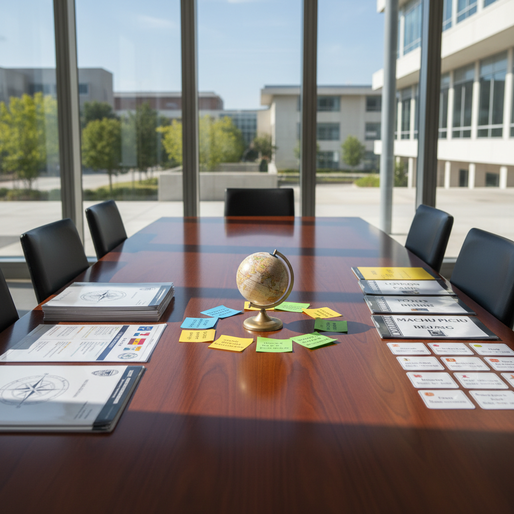 A polished conference table in a bright, glass-walled education center, covered with organized materials for student travel planning: laminated itineraries, country fact sheets, language flashcards, and neatly stacked folders labeled with destination cities. At the center, a small, high-quality globe with a satin finish is encircled by color-coded sticky notes indicating program dates and themes. Neutral daylight floods the room through tall windows, producing crisp, clean shadows and subtle reflections on the tabletop. Photographic realism from an eye-level perspective, with sharp focus throughout, creates a structured, trustworthy mood that emphasizes professionalism in arranging global learning experiences.