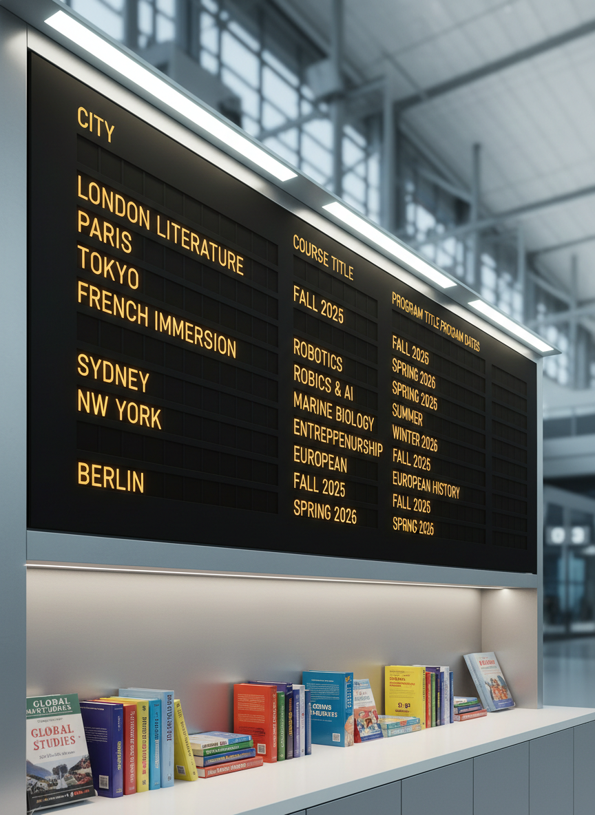 An expansive airport-style digital departures board tailored for student journeys, displaying city names, course titles, and program dates in crisp, glowing amber text on matte black panels. The board is mounted on a brushed aluminum wall above a row of neatly stacked, colorful textbooks and language guides on a clean white counter. Cool, even overhead lighting casts subtle reflections on the metallic surfaces, emphasizing clarity and professionalism. Photographic realism from a slightly low angle makes the board feel grand and important, while the background fades into a soft bokeh of terminal architecture, suggesting structured, well-organized international learning experiences.