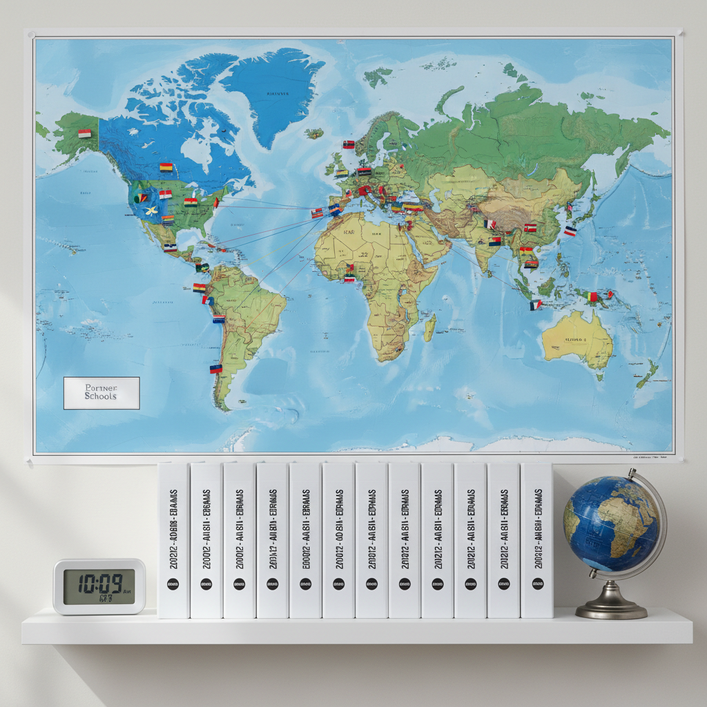A detailed, color-coded wall map in a quiet study room, covered with miniature flags and thin string lines connecting partner schools across continents. Below, a minimalist white shelf displays neatly aligned binders labeled with academic years, destinations, and program themes. A small digital clock and a compact globe in brushed metal complete the scene. Indirect, diffused daylight from an unseen window creates an even, neutral illumination with soft shadows, highlighting the map’s textures and printed topography. Photographic realism from a straight-on composition emphasizes order, precision, and the long-term planning behind international educational programs.