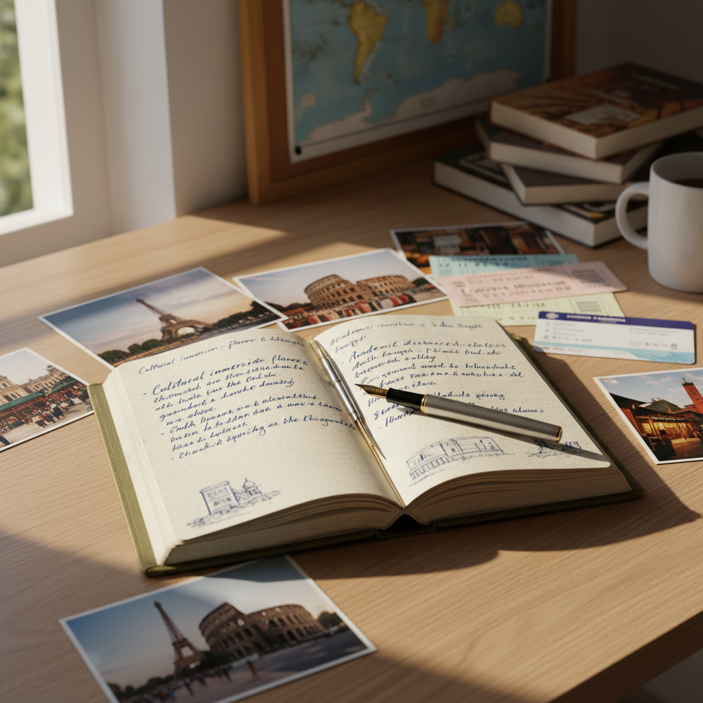 An open, hardcover travel journal with creamy, textured pages lies on a light oak table, filled with carefully handwritten reflections about cultural immersion and academic discoveries. Around it rest printed photos of landmarks, museum tickets, and neatly clipped public transport cards from multiple countries. A slim, stainless steel pen rests along the journal’s spine. Soft morning window light washes gently across the scene, accentuating paper fibers and casting delicate, directional shadows. Photographic realism with a close-up, shallow depth of field centers attention on the journal, while a softly blurred background of a world map and study materials suggests reflective, meaningful student travel experiences.